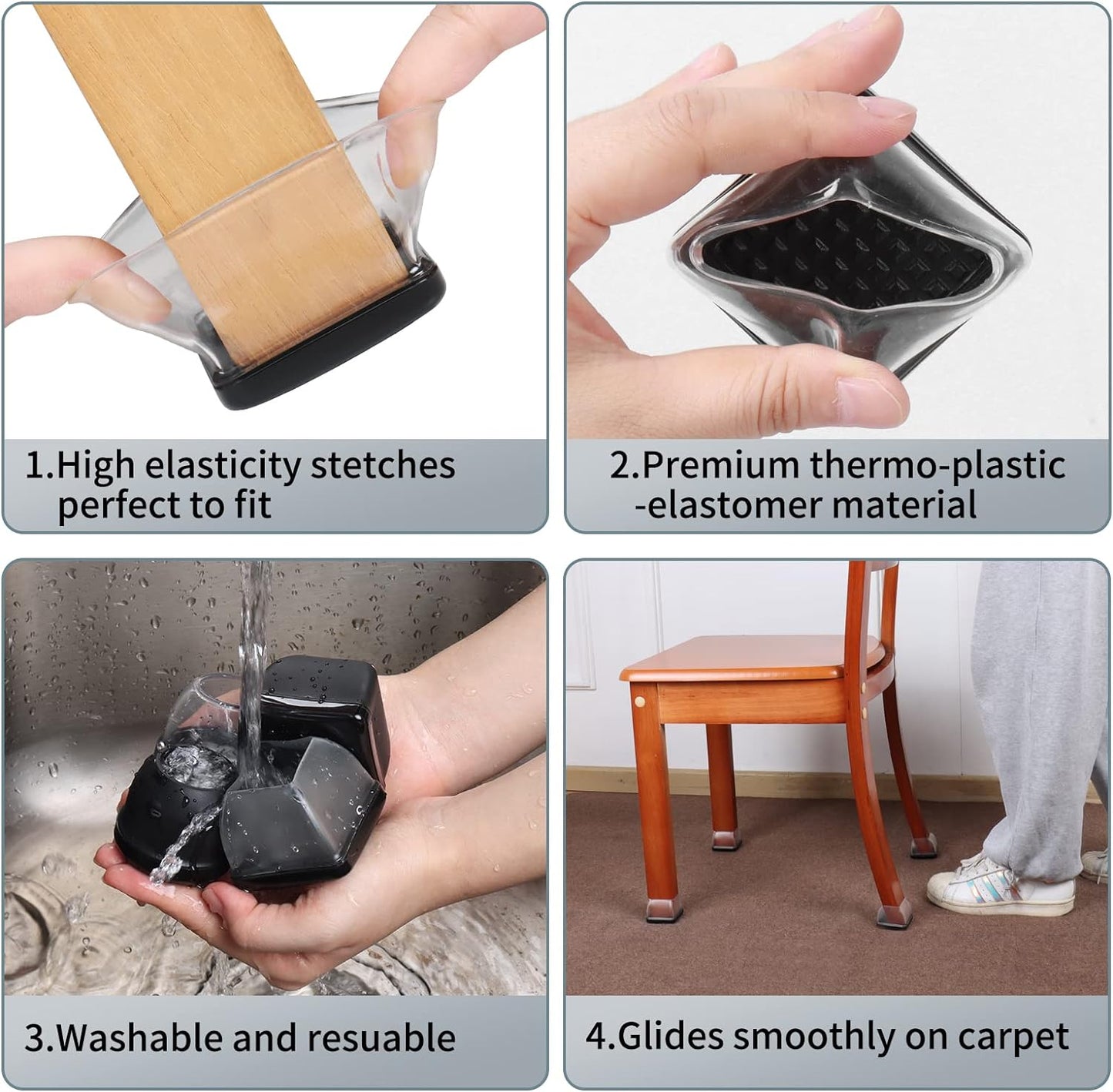 Ezprotekt 24 Pcs Large Clear Chair Leg Sliders for Carpet, Square Teflon Furniture Glides Pads Caps for Rug, Bar Stool Leg Protectors Covers for Table, Chair, Sofa Legs (XL Fit: 1.5" - 2")