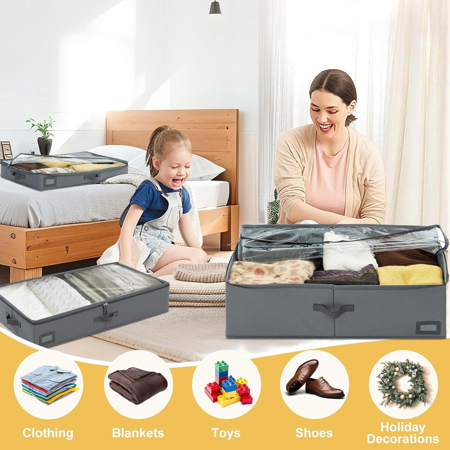 6-Inch Under Bed Storage Containers (3-Pack) | Sturdy Sidewalls | Clear Cover & Label Holder | Underbed Organizer for Crib/Couch | Stores Clothing/Blankets/Wrapping Paper/Toys