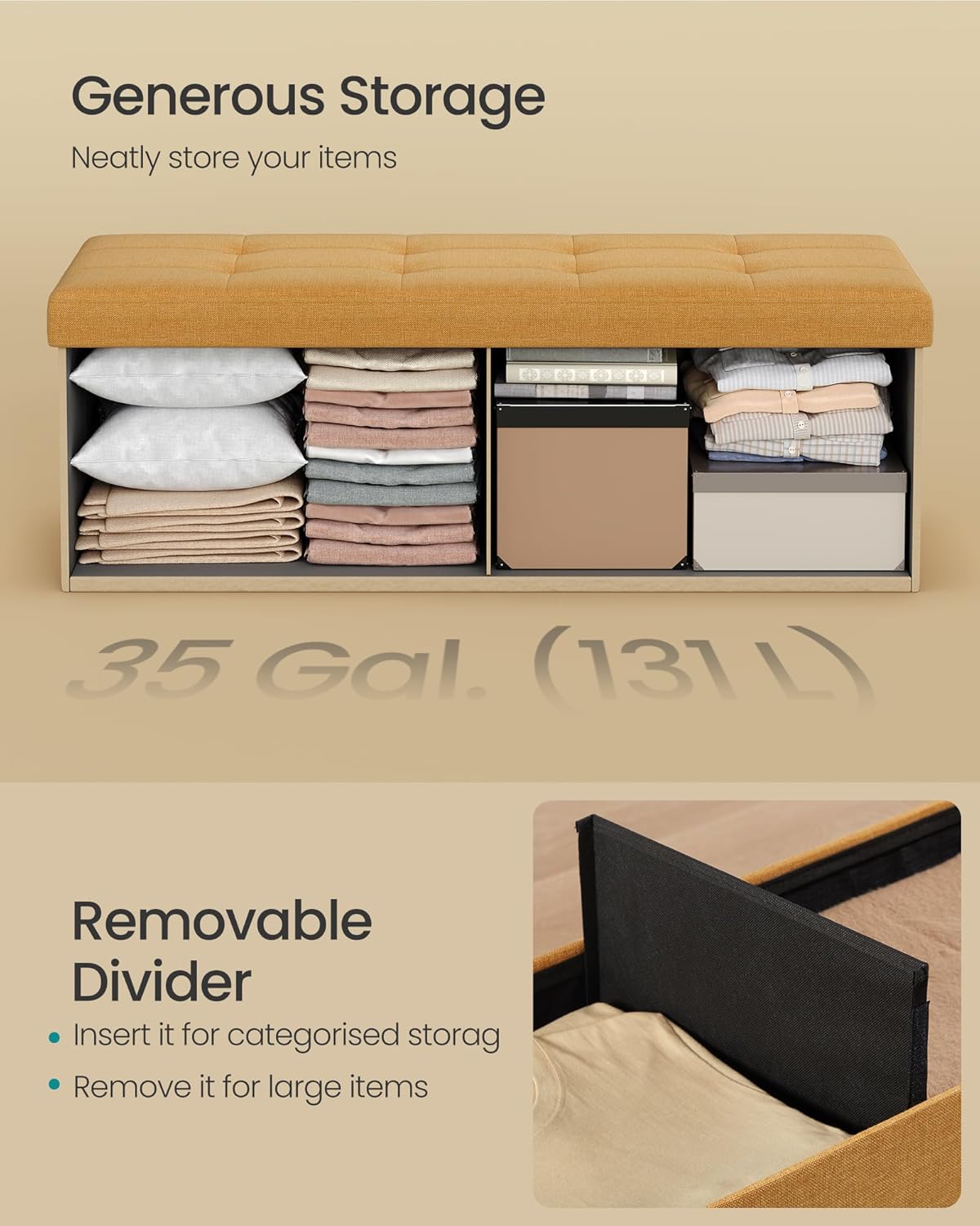 SONGMICS Mazie Collection - Storage Ottoman Bench, 43 Inches Folding Foot Rest Stool, End of Bed Bench, Easy Assembly, for Living Room, Bedroom, Entryway, Ginger ULSF077K04
