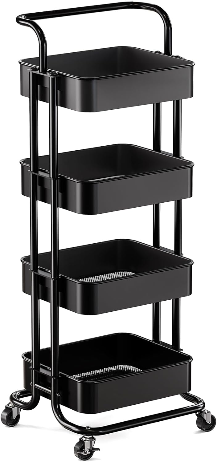 Pipishell 4 Tier Mesh Utility Cart, Rolling Metal Organization Cart with Handle and Lockable Wheels, Multifunctional Storage Shelves for Kitchen Living Room Office White, PIUC12W