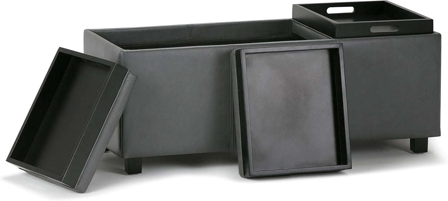 SIMPLIHOME Avalon 42 inch Wide Contemporary Rectangle Storage Ottoman in Stone Grey Vegan Faux Leather, Assembled, For the Living Room, Entryway and Family Room