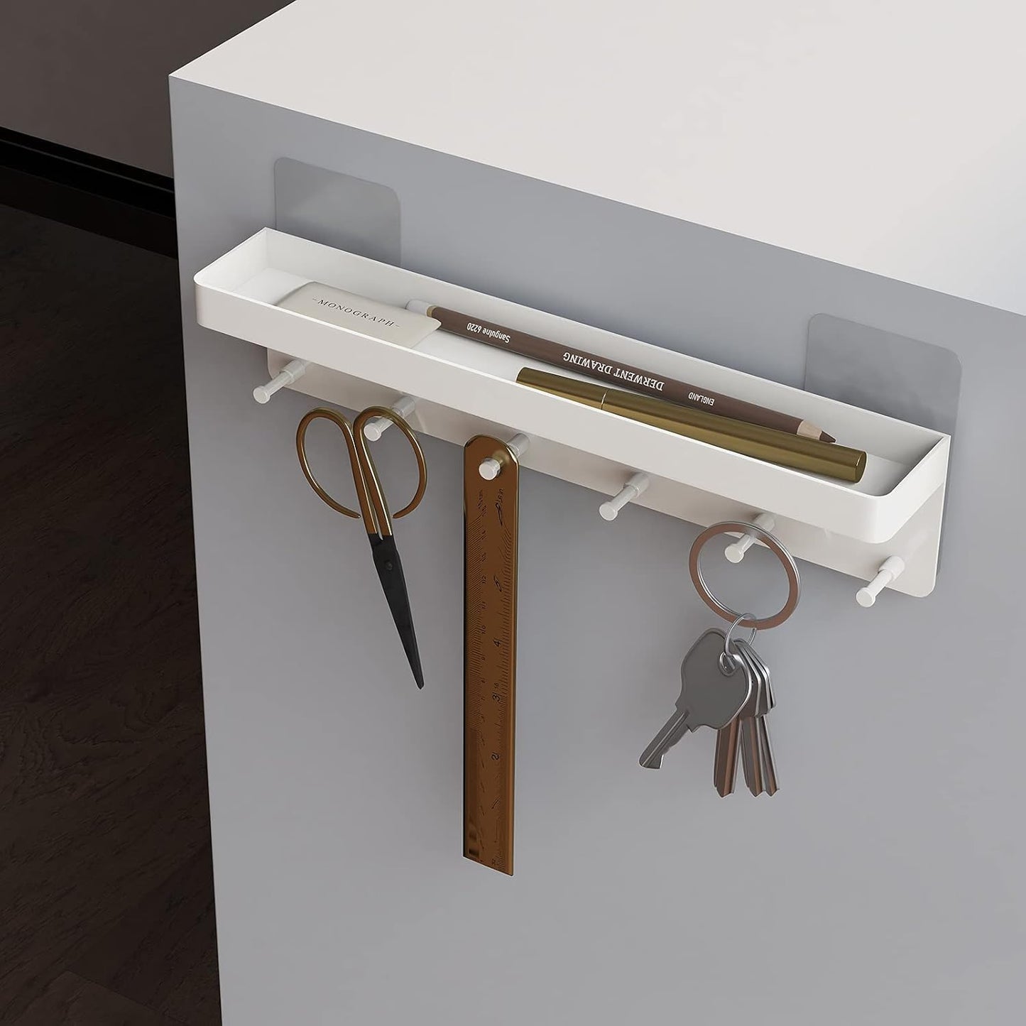 MKO Key Holder for Wall, Mail Organizer and Key Rack Wall Mount with Tray & 6 Hooks for Hallway (White)