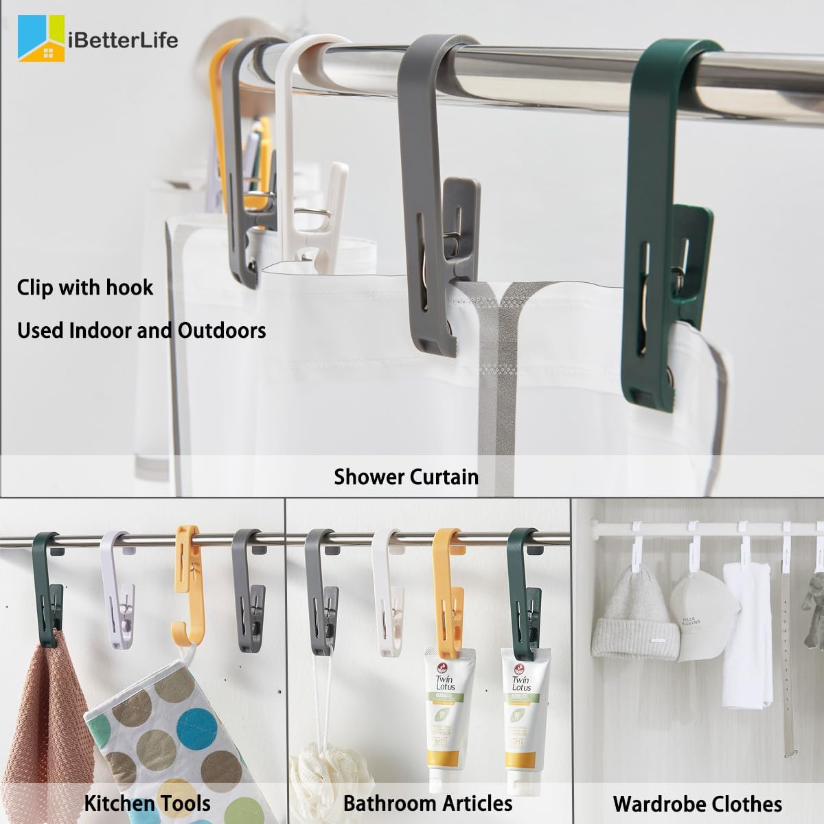 iBetterLife 4Pcs Laundry Hooks Hanging Clips Heavy Duty Outdoor Clothes Pins, Closet Organizer Single Clip Hangers Clamps Socks Boot Bras Underwear Kids Towels for Bathroom Wardrobe Kitchen Office