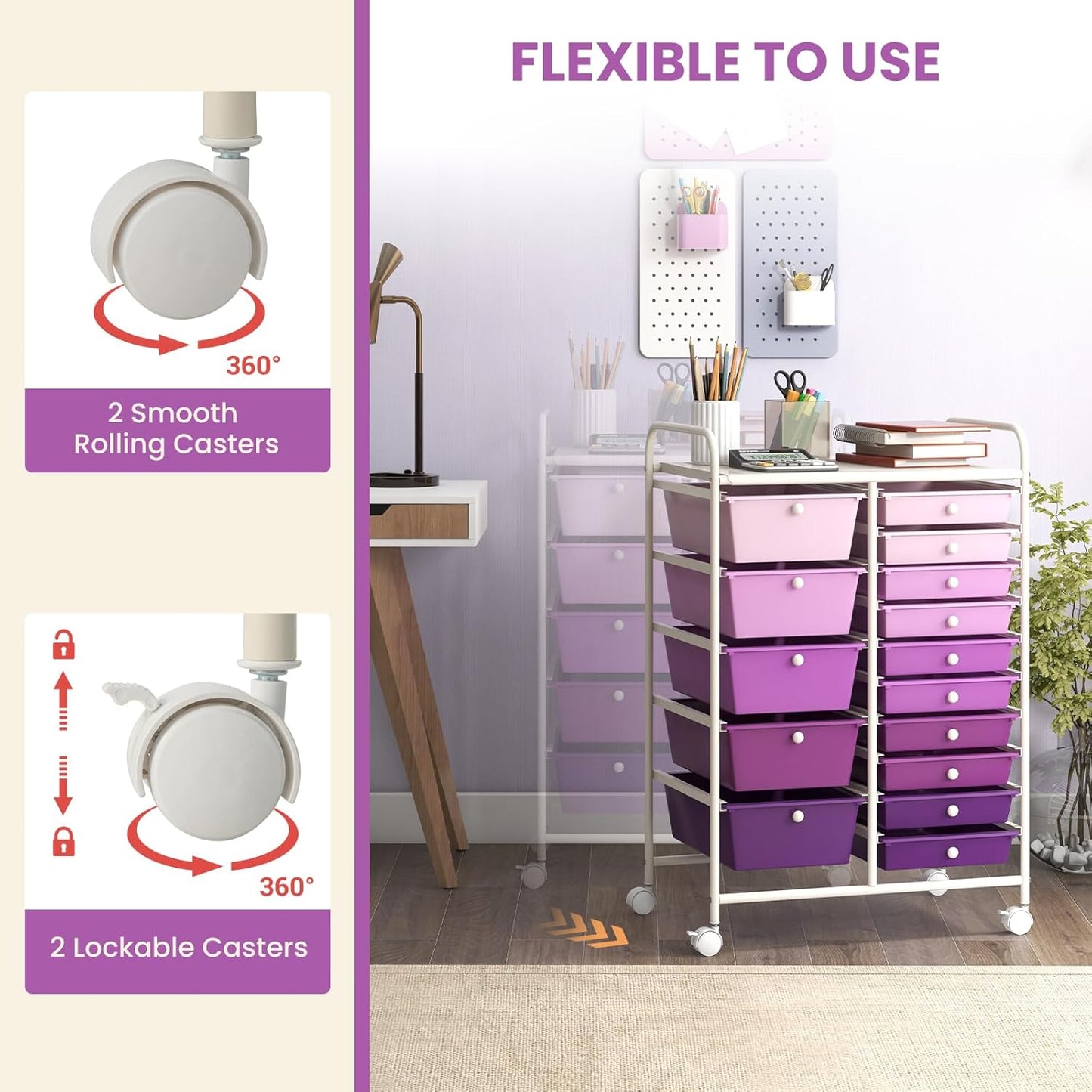 GOFLAME 15-Drawer Rolling Storage Cart, Multipurpose Movable Organizer Cart, Utility Cart for Home, Office, School, Purple Gradient