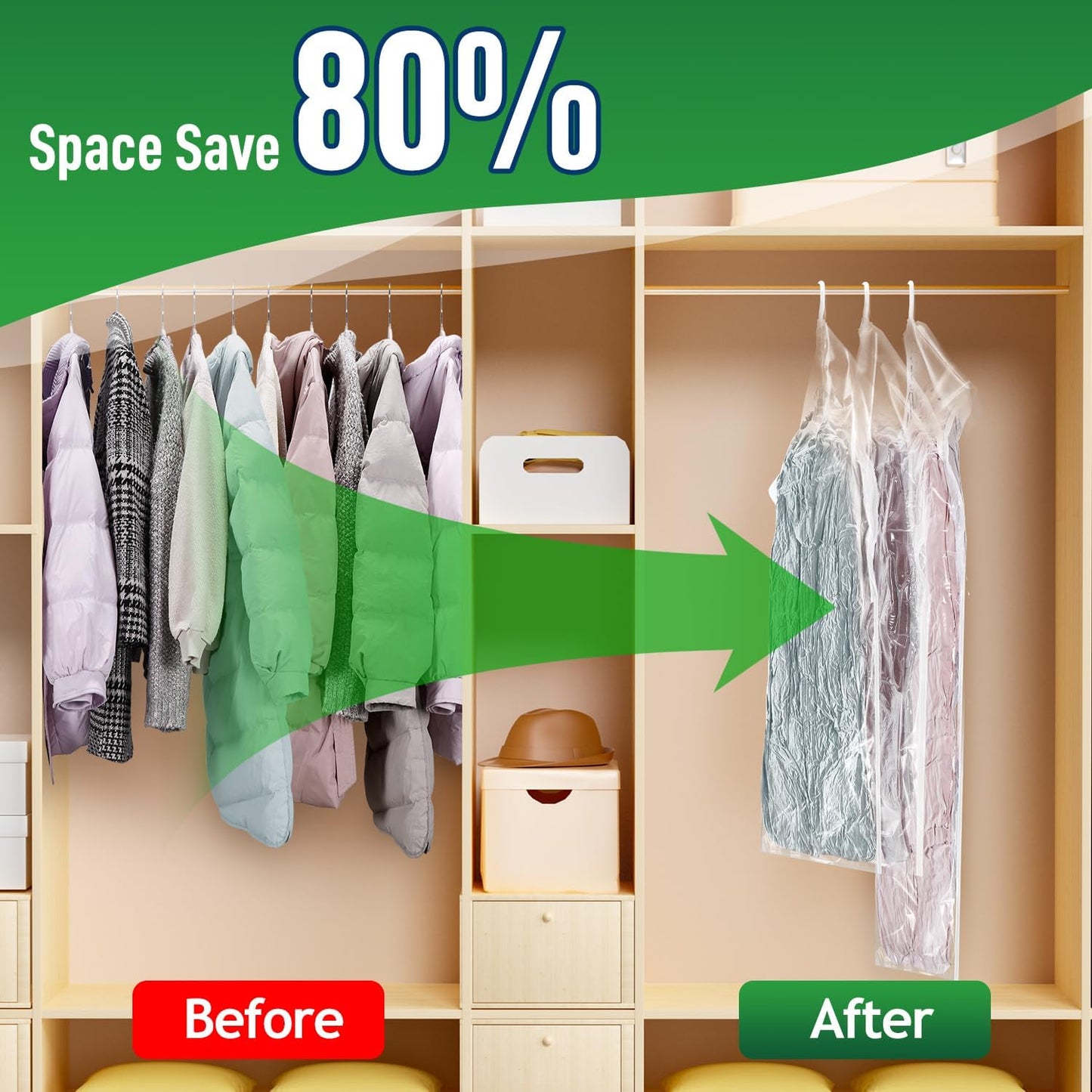 Hanging Vacuum Storage Bags For Clothes With Hand Pump,Coat Storage Bag Hanging,Vacuum Bags For Clothes,Space Saver Vacuum Storage Bags,Garment, Clothing, Dress, Suit, Long Coat, Jacket(Short 4 Pack）