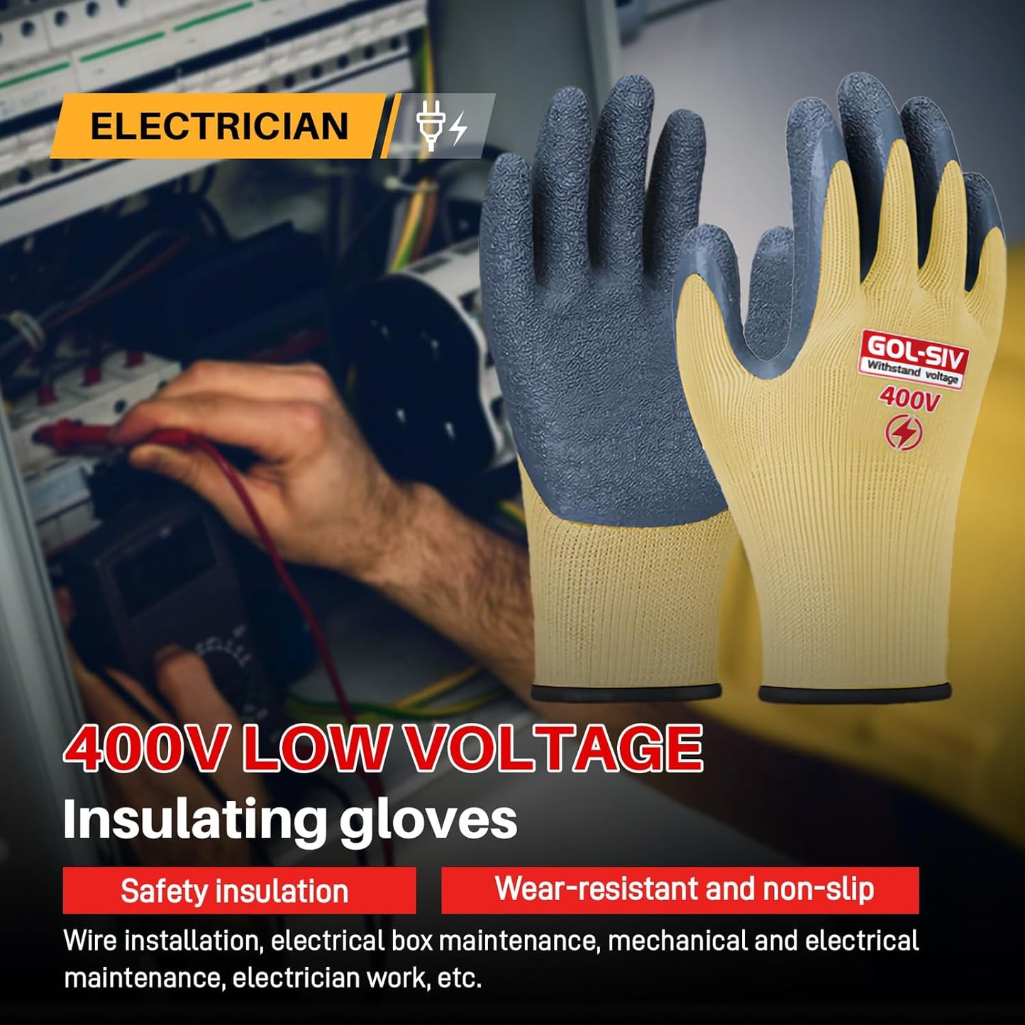 Insulated Electrician Gloves,400V Low Voltage Electrical Gloves For Men,Rubber Safety Work Gloves,Non Slip (Large)