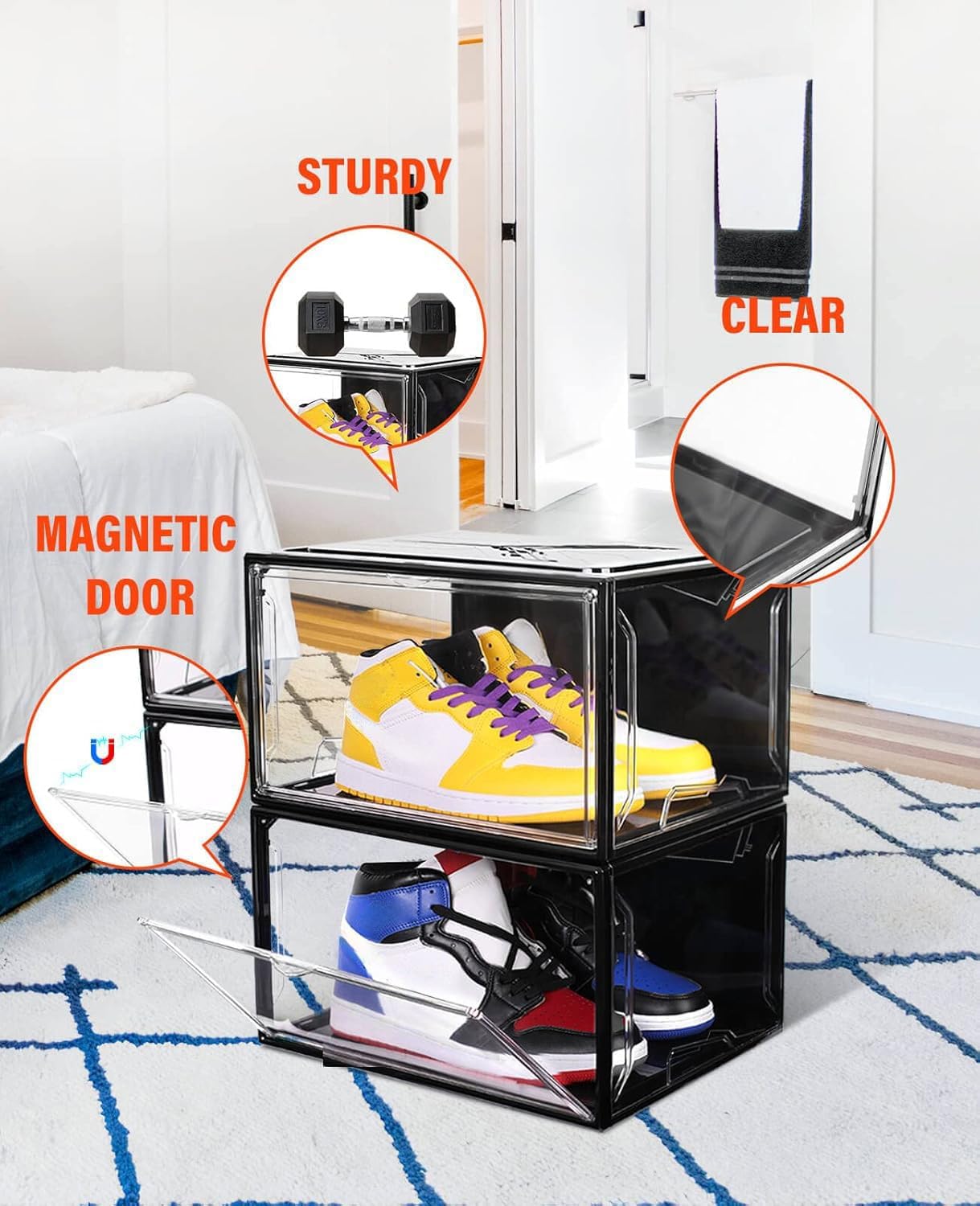 KDOR Shoe Boxes Clear Plastic Stackable 10 Pack Sneaker Storage Boxes with Magnetic Door, Acrylic Display Case, Strong and Sturdy Fit Shoe Size Up to US 15