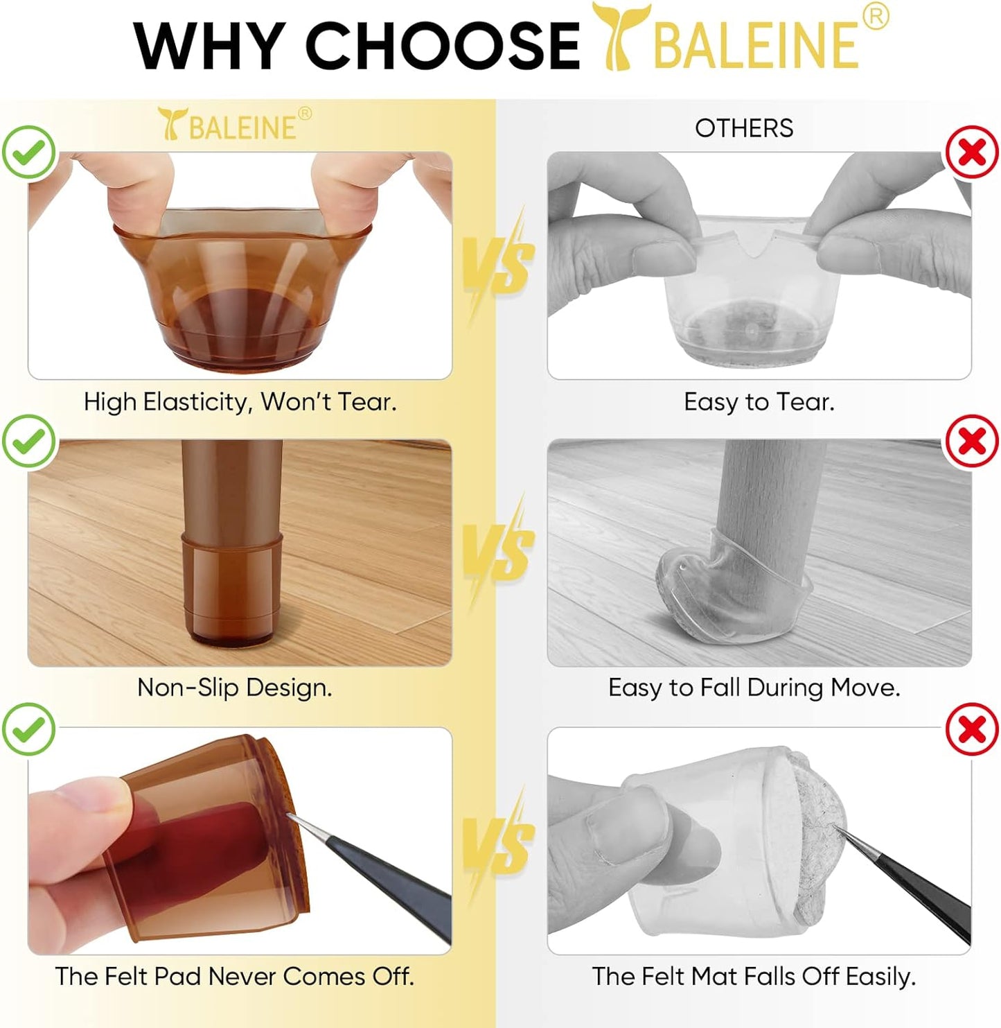 BALEINE 16 Pack Silicone Chair Leg Floor Protectors, Stool Leg Protectors Cap, Non-Slip Chair Leg Caps for Hardwood Floors (Brown & Large, 16 Pack)