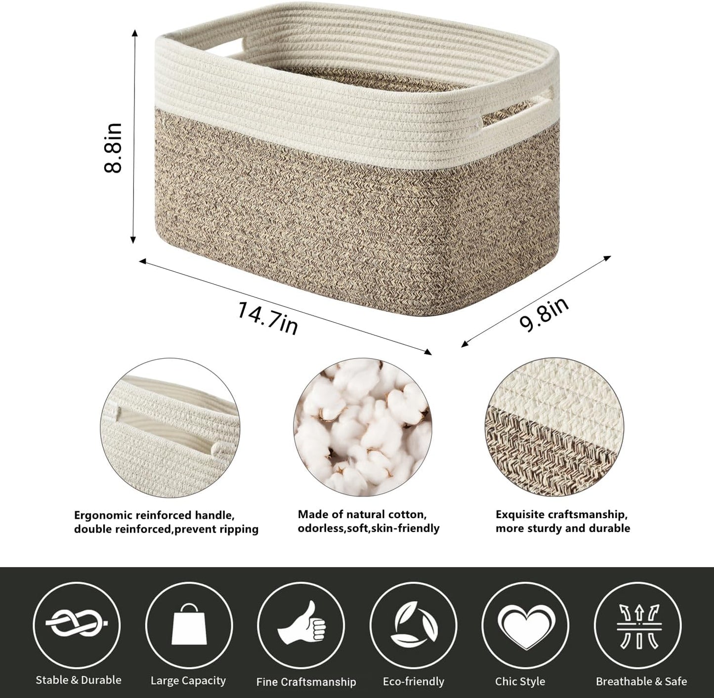 Storage Basket,Woven Baskets for Storage,Cotton Rope Baskets for Organizing,book Basket,towel,Toy Basket or Storage Bins for Living Room - 3 Pack,Brown