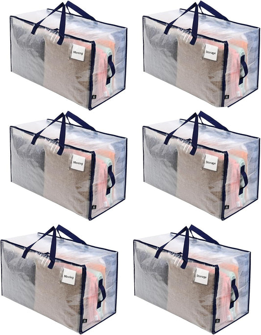 VENO 6 Pack Moving and Storage Bags, Heavy Duty, Alternative to Moving Boxes, Large Packing Totes Supplies for College Dorm Room with Zipper for Clothes, Wide Open Design (Clear, 6 Pack)