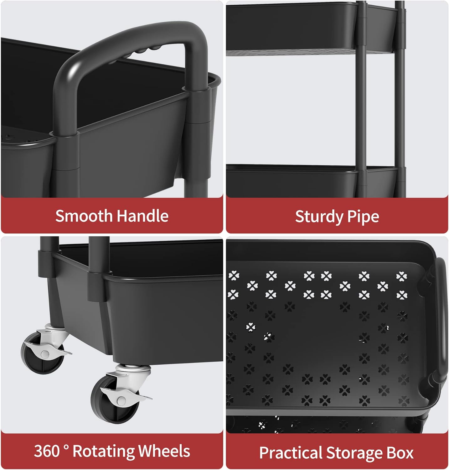 Sywhitta 4-Tier Plastic Rolling Utility Cart with Handle, Multi-Functional Storage Trolley for Office, Living Room, Kitchen, Movable Storage Organizer with Wheels, Black