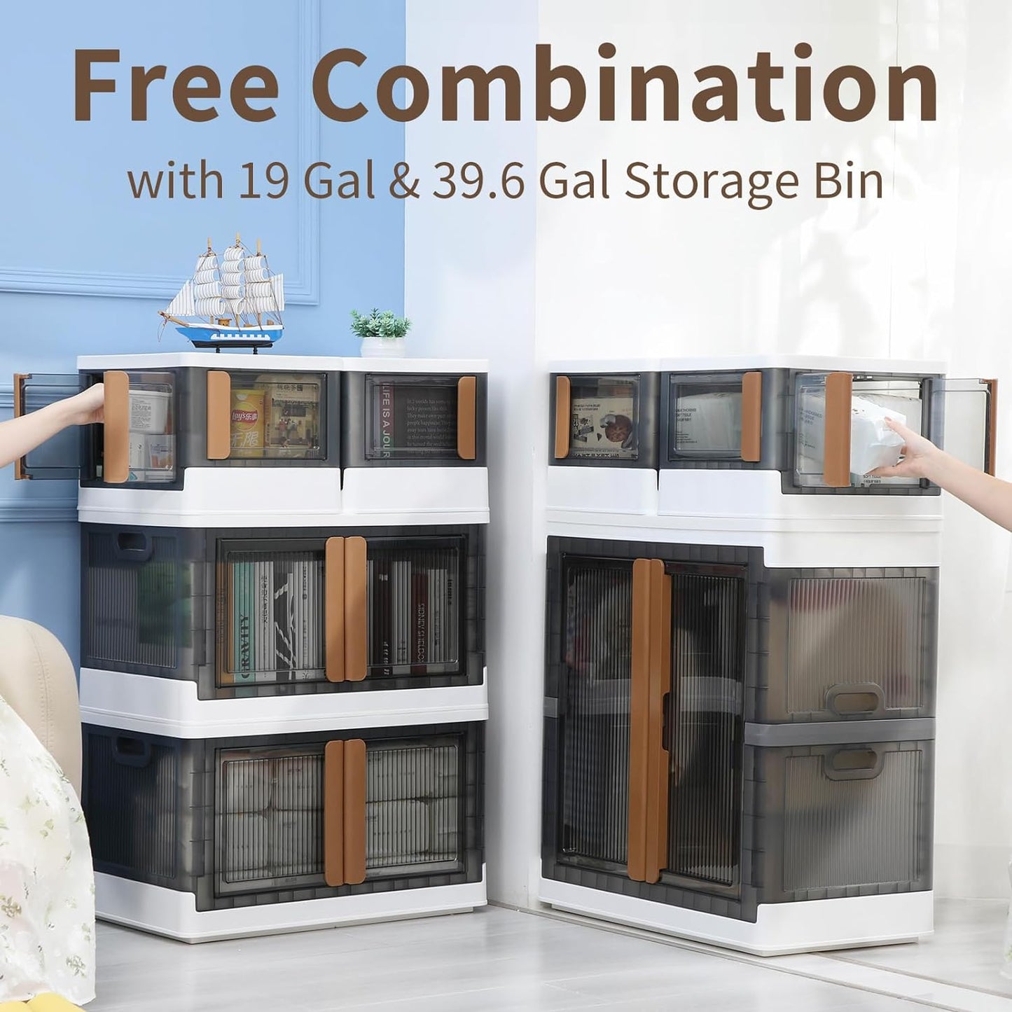 HAIXIN Closet Organizers and Storage, 4 Doors Opening Stackable Storage Box, 6.86 Gal Plastic Dorm Room Essentials, Folding Storage Container with Wheels, Cube Bins for Room Organizer, 3 Pack