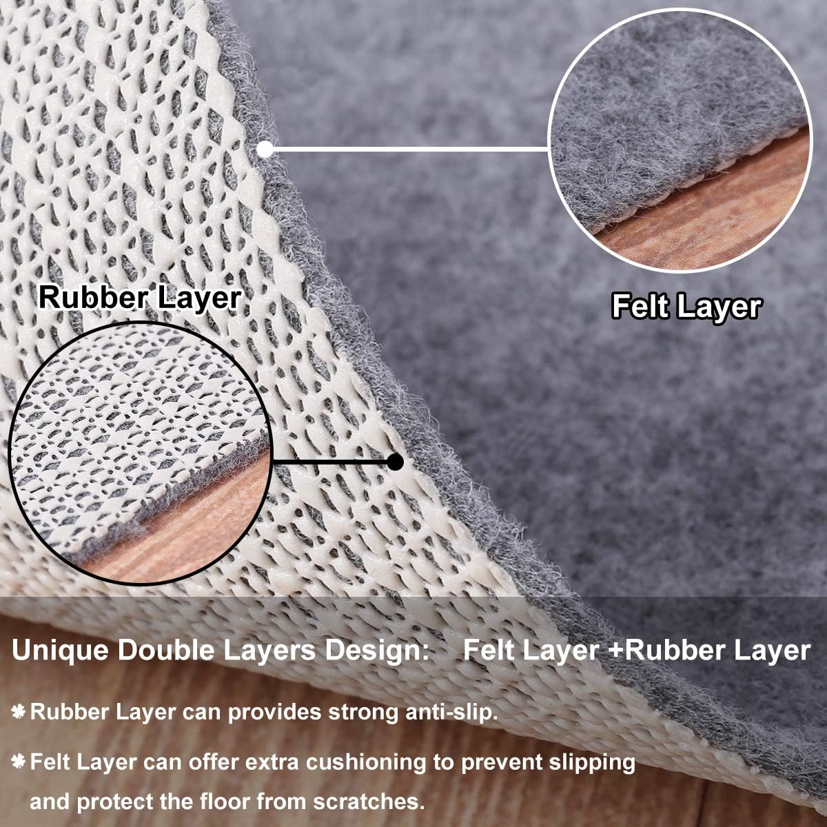 Non Slip Rug Pad Grippers - Round 4x4, 1/8" Thick, (Felt + Rubber) Double Layers Area Carpet Mat Tap, Provides Protection and Cushioning for Hardwood or Tile Floors