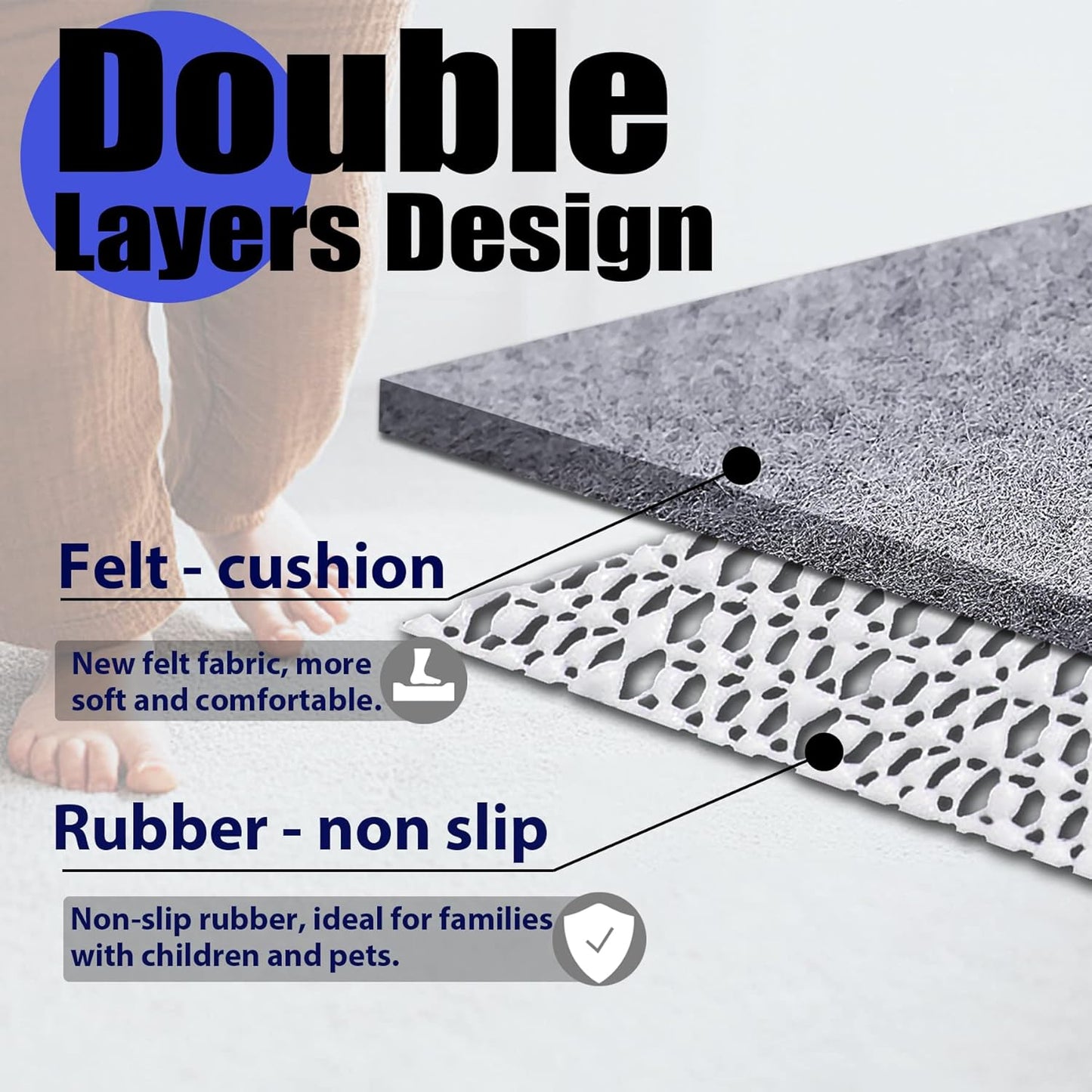Non Slip Rug Pad Grippers - 5x7, 1/4" Thick, Felt + Rubber Double Layers Area Carpet Mat Tap, Provides Protection and Cushioning for Hardwood or Tile Floors