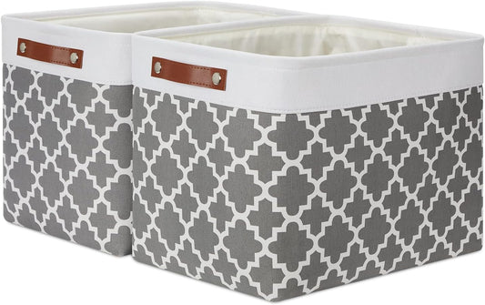 DULLEMELO Foldable Nursery Storage Baskets Canvas Storage Bins for Organizing 2 Pack Collapsible Home Organizer With Leather Handles (White&Lattice Grey)