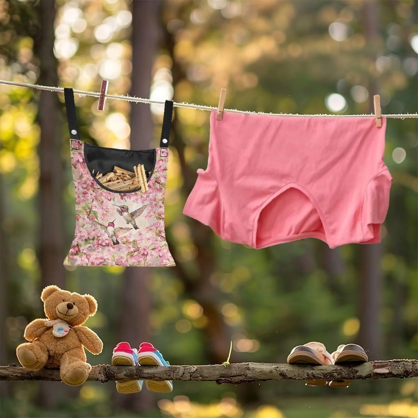 Hummingbird and Cherry Blossom Clothes Pin Hanging Bag, Clothes Pin Hanging Bag Space-Saving Organize Clothespin Bag Large Capacity Clothespin Bag with A Large Opening for Clothesline Outdoor