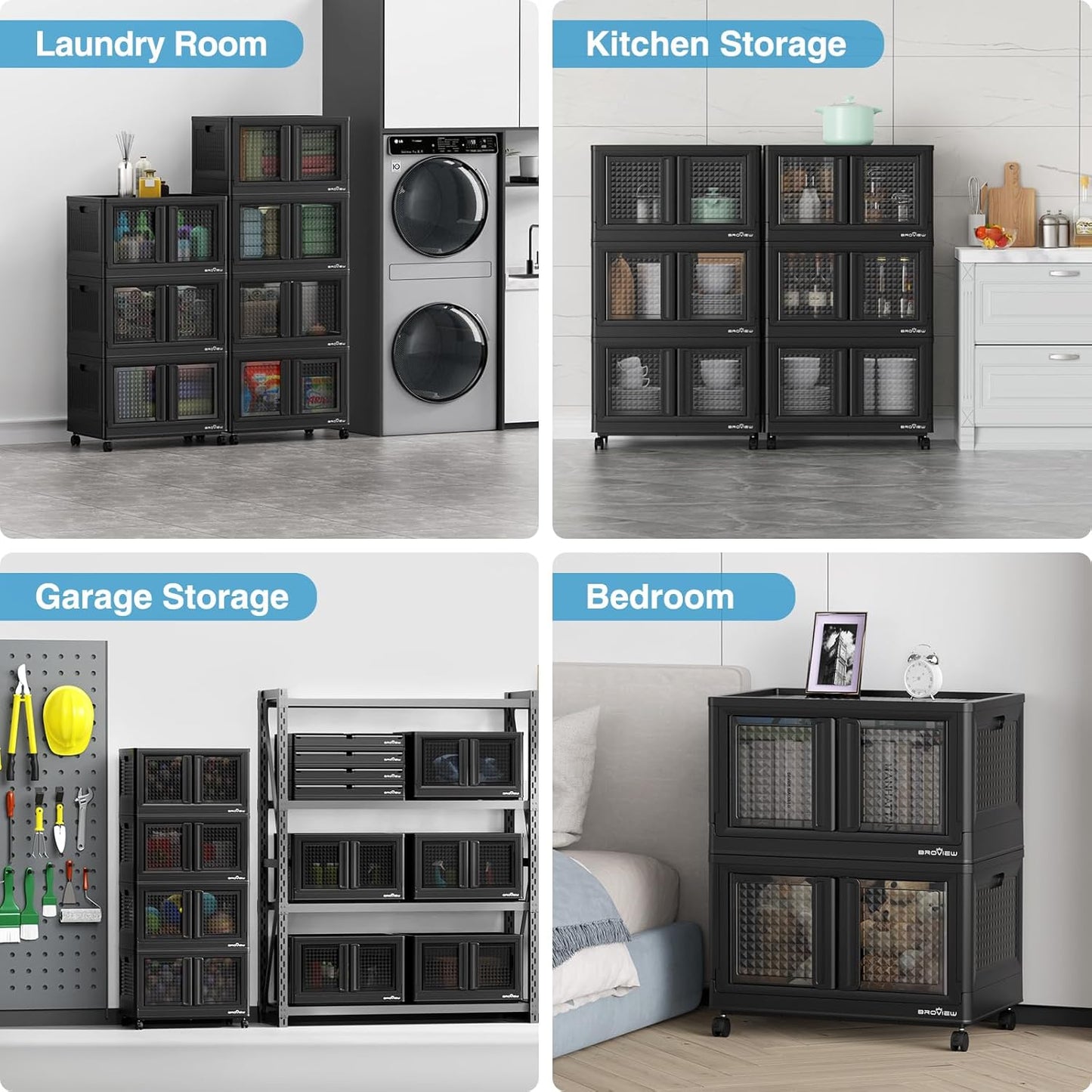 BROVIEW 140Gal Stackable Storage Bins with Lids & Wheels, 560Qt Plastic Collapsible Closet Organizer and Storage Drawers, Storage Boxes Cabinets for Home, Office, 7 Pack, Black