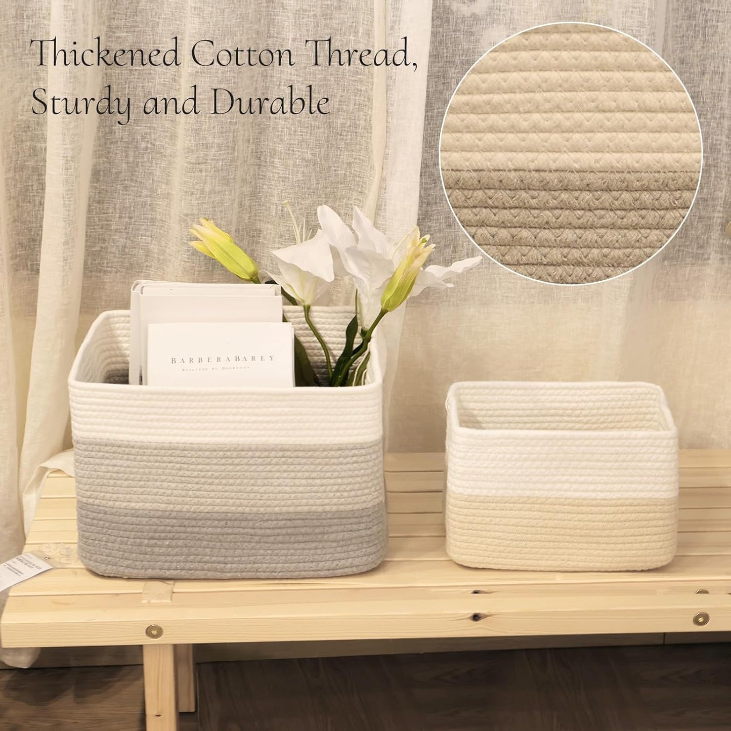 Hopegiver Woven Storage Baskets 15x11x10 Inch, 3 Pack Collapsible Cube Storage Bin for Shelves - Foldable Cotton Rope Organizer Bins for Towels, Toys, Books, Closet, Nursery (White Light-Gray Gray)
