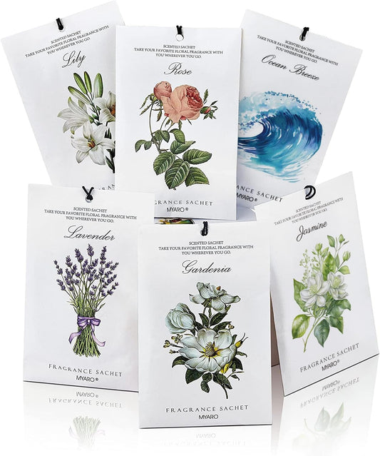 MYARO 12 Packs Scented Sachets for Drawer and Closet, Long-Lasting Sachets Bags Home Fragrance 6 Scents Option- Lavender, Rose, Jasmine, Ocean, Gardenia, Lily