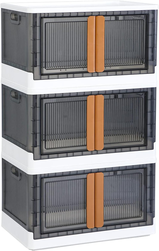 HAIXIN Storage Bins with Lids - Collapsible Storage Bins, Wardrobe Closet Organizer, 19 Gal Stackable Toy Storage, Foldable Plastic Storage Container with Door, Crate for Book Storage (3 Pack)