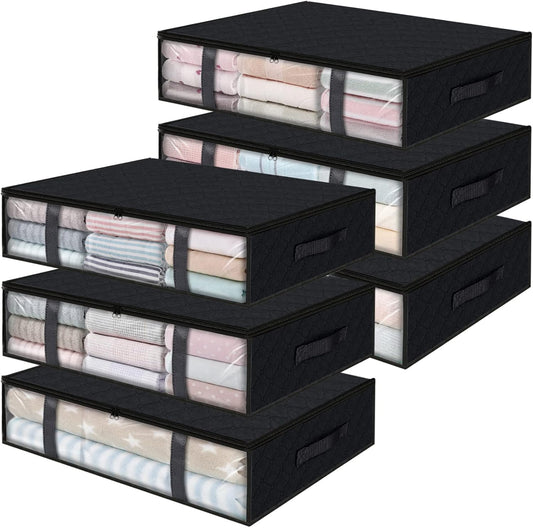StorageRight Under Bed Storage Bins, 6-Pack 40L Foldable Fabric Storage Bags with Transparent Window, Breathable Organizer for Clothes/Blanket/Comforter/Quiltr, Black