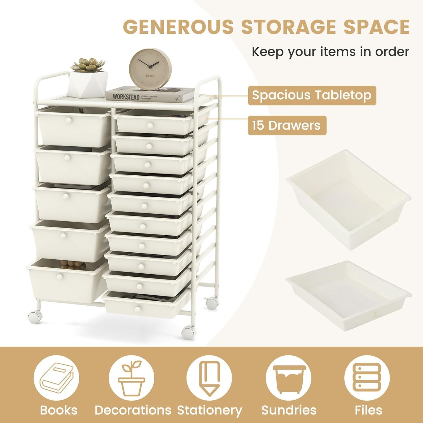 GOFLAME 15-Drawer Rolling Storage Cart, Multipurpose Movable Organizer Cart, Utility Cart for Home, Office, School, White