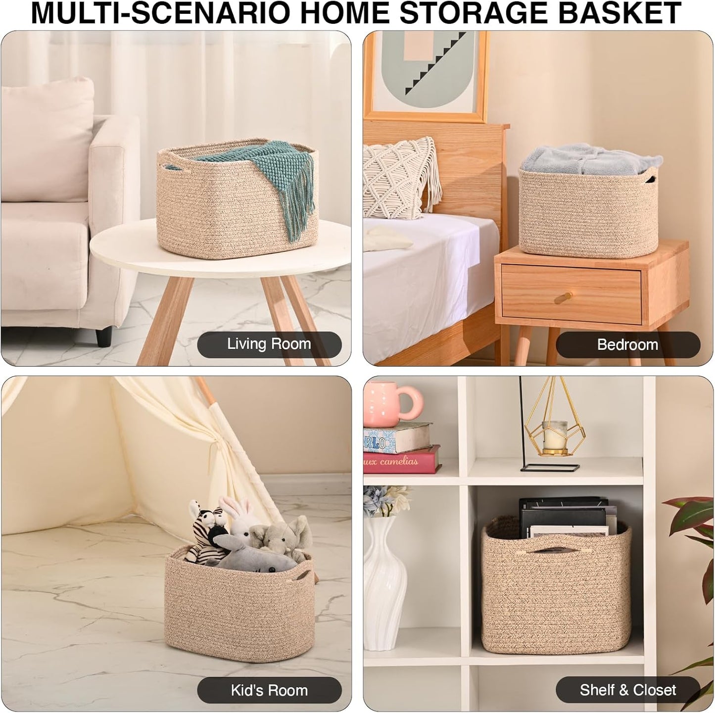 Woven Cotton Rope Storage Basket for Organizing, Cute Decorative Baskets for Gifts Empty, Organizer Bins for Dog Toy, Baby Laundry, 15“×11”×9.5“, Brown