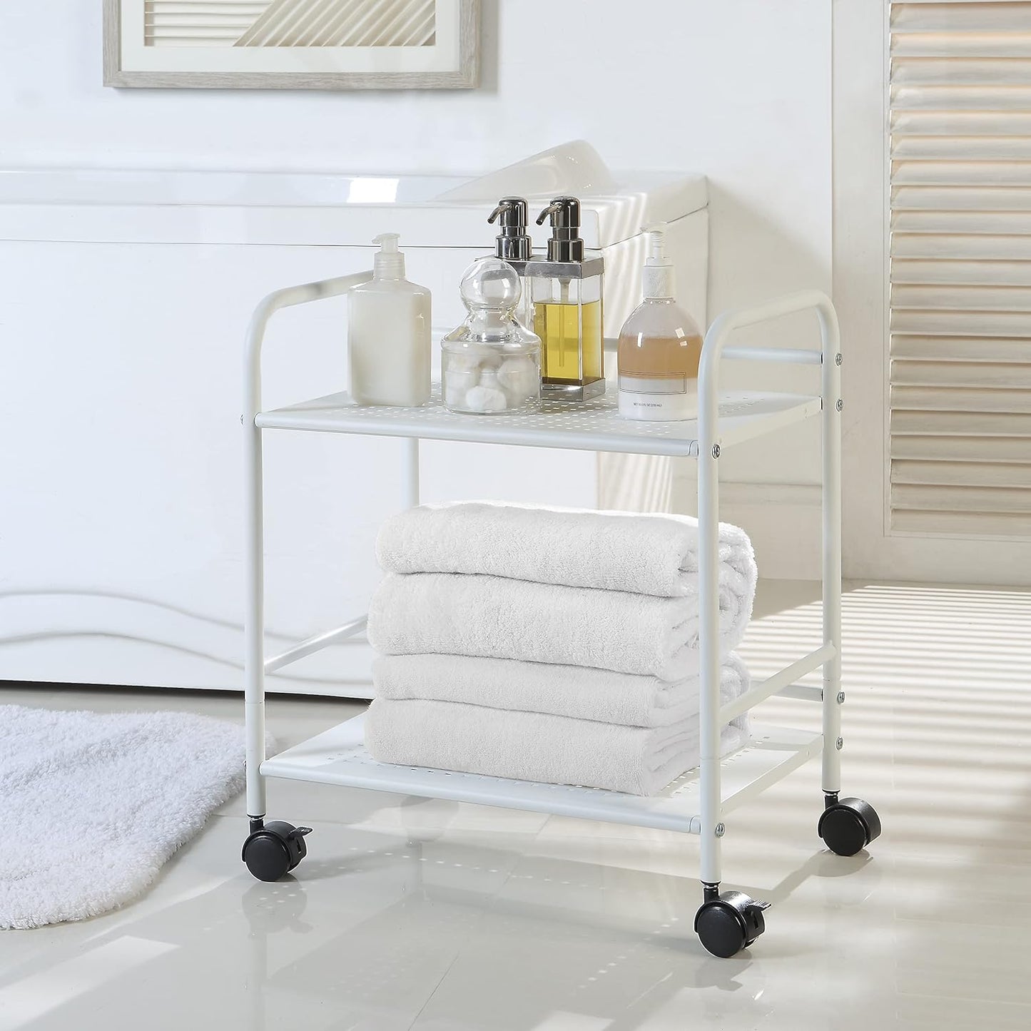 SunnyPoint 2-Tier Metal Rolling Utility Cart – Mobile Storage Shelf with Caster Wheels – Small Space Organizer for Home, Office, Bedroom, Kitchen (WHT)