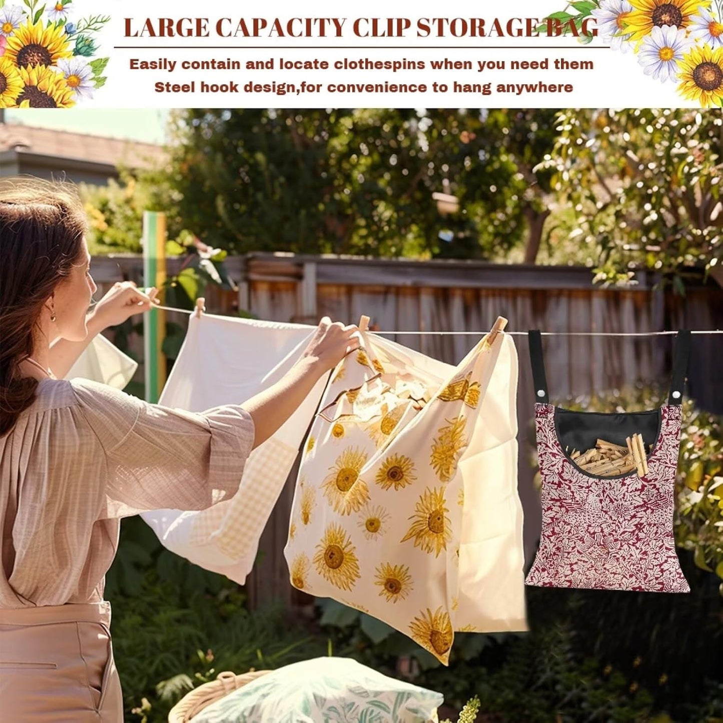 Strength Clothespin Bag 14.5x12 Inches - Vintage Bird Flower Red Print Commercial Quality Storage with Oversized Opening - Heavy Duty Polyester Construction with Reinforced Grommets