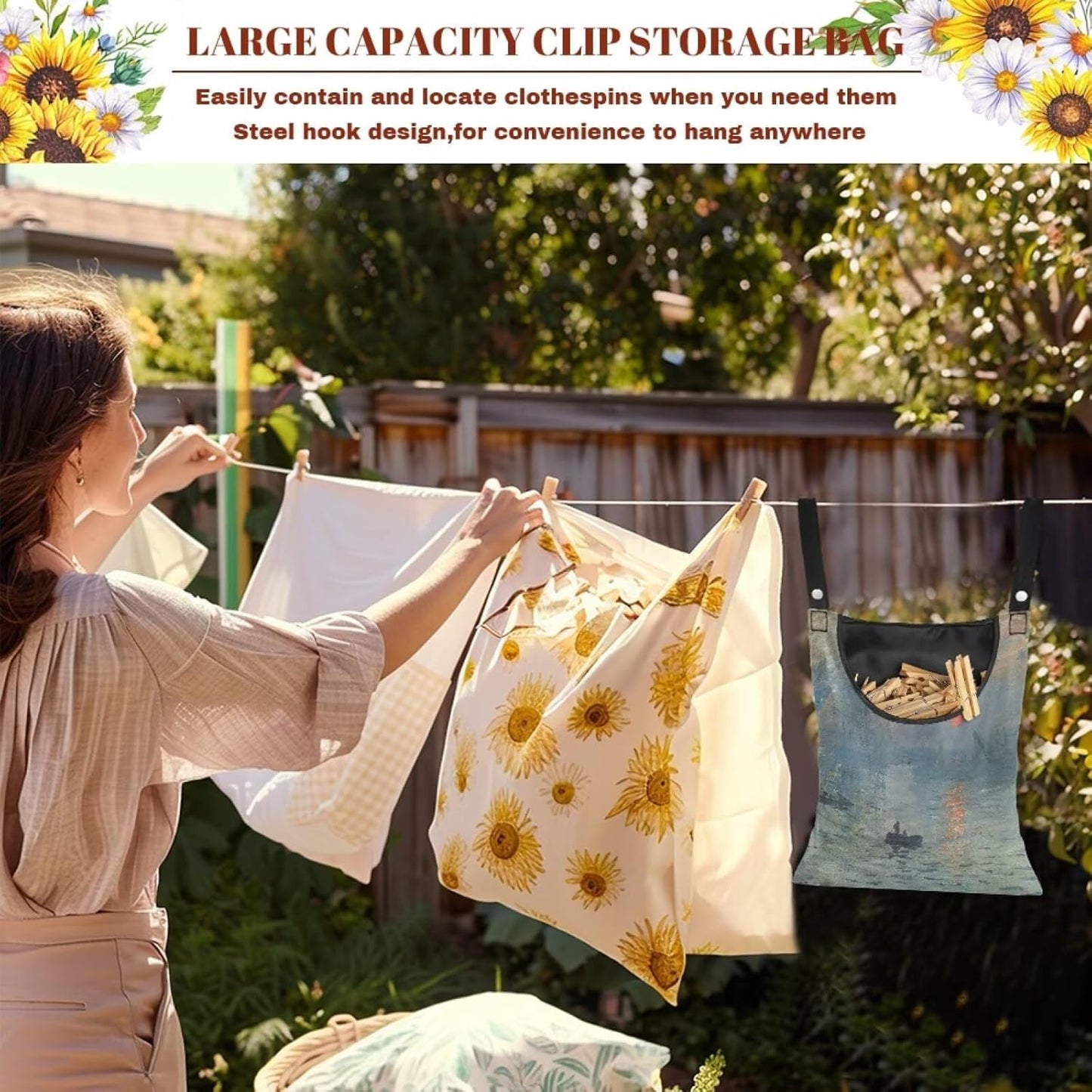 Heavy Duty Outdoor Clothespin Bag - Impression Sunrise Print Windproof & Water Repellent Hanging Storage for Clothesline Accessories - Extra Large Opening with Reinforced Stitching