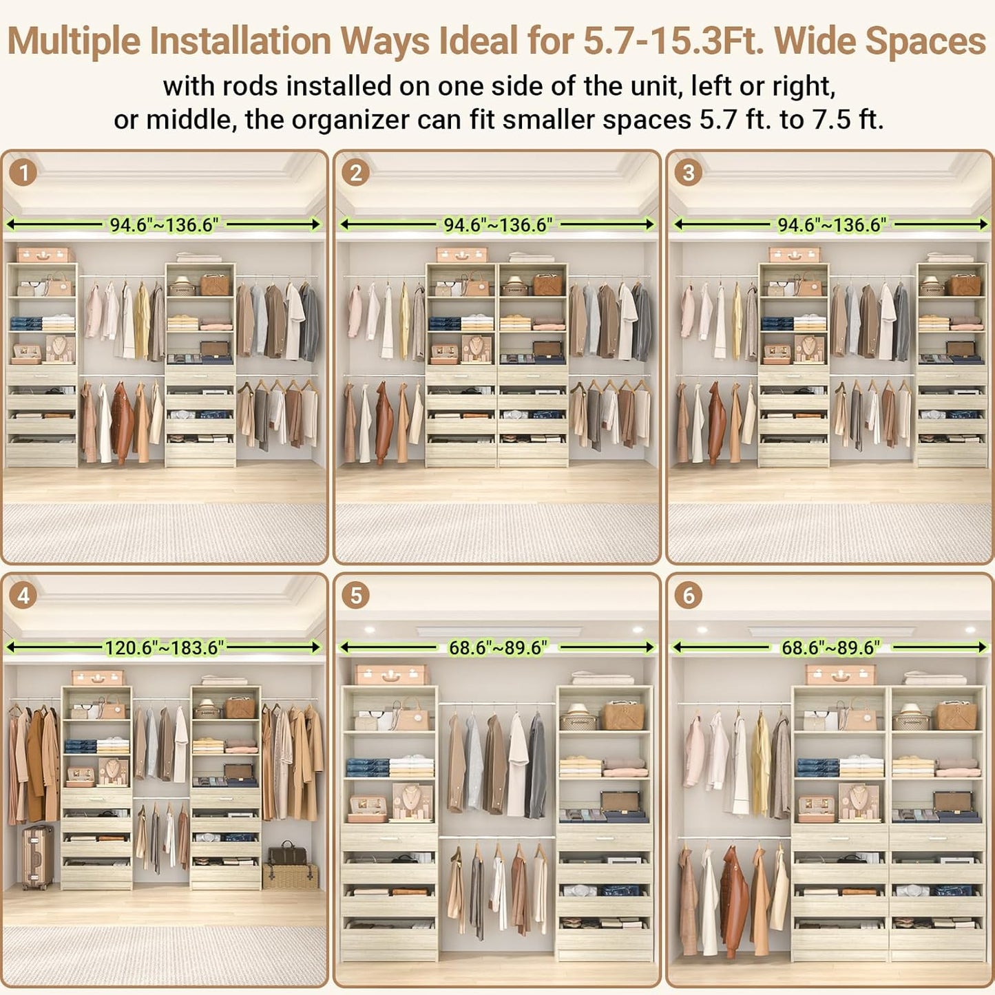 Aheaplus Closet System, 6-15Ft Closet Organizer with 8 Wooden Drawers, Wood Closet Organizer System with Tower, Walk-in Closet Organizer Wardrobe Garment Clothes Rack with 4 Hanging Rods, White Oak