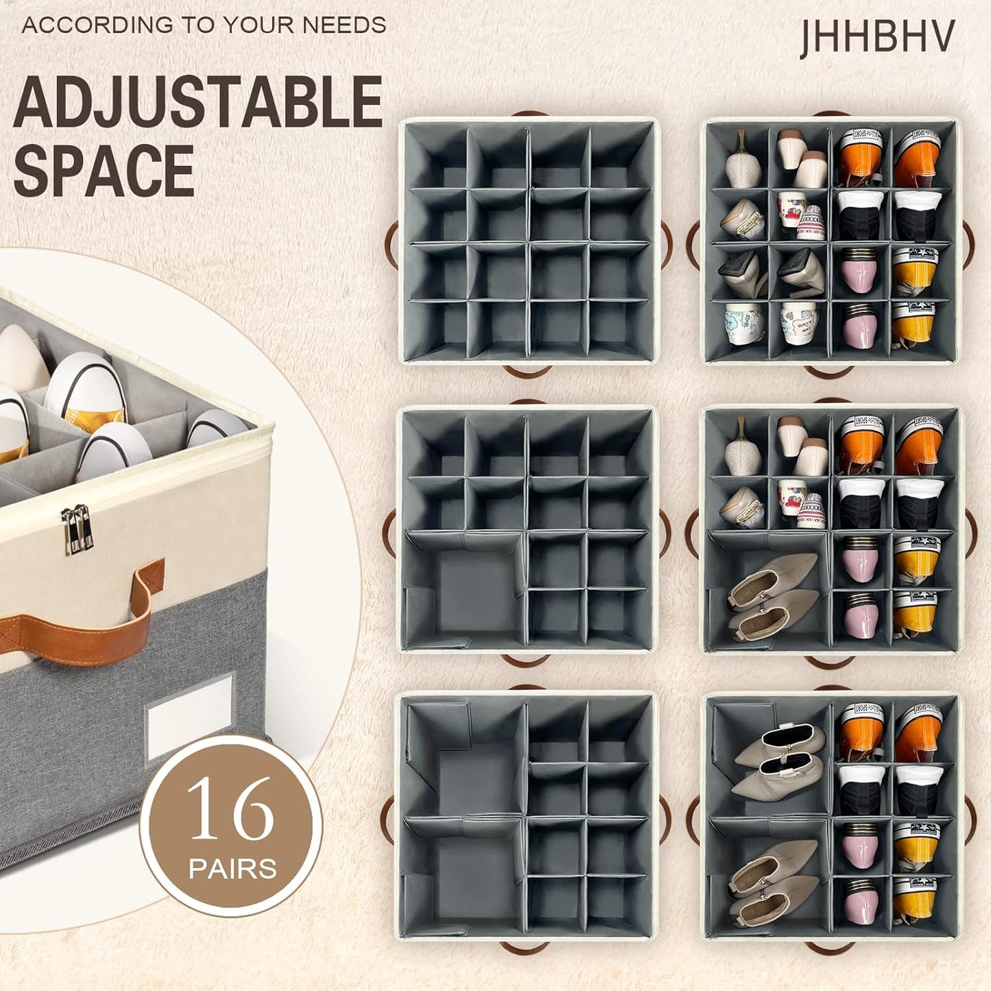 2 Pack Shoe Organizer for Closet, Adjustable Shoe Box Storage Containers, Large Foldable Shoe Bins with Clear Cover, Space Saving Shoes Holder with 4 Handles, Fits 16-32 Pairs, Beige