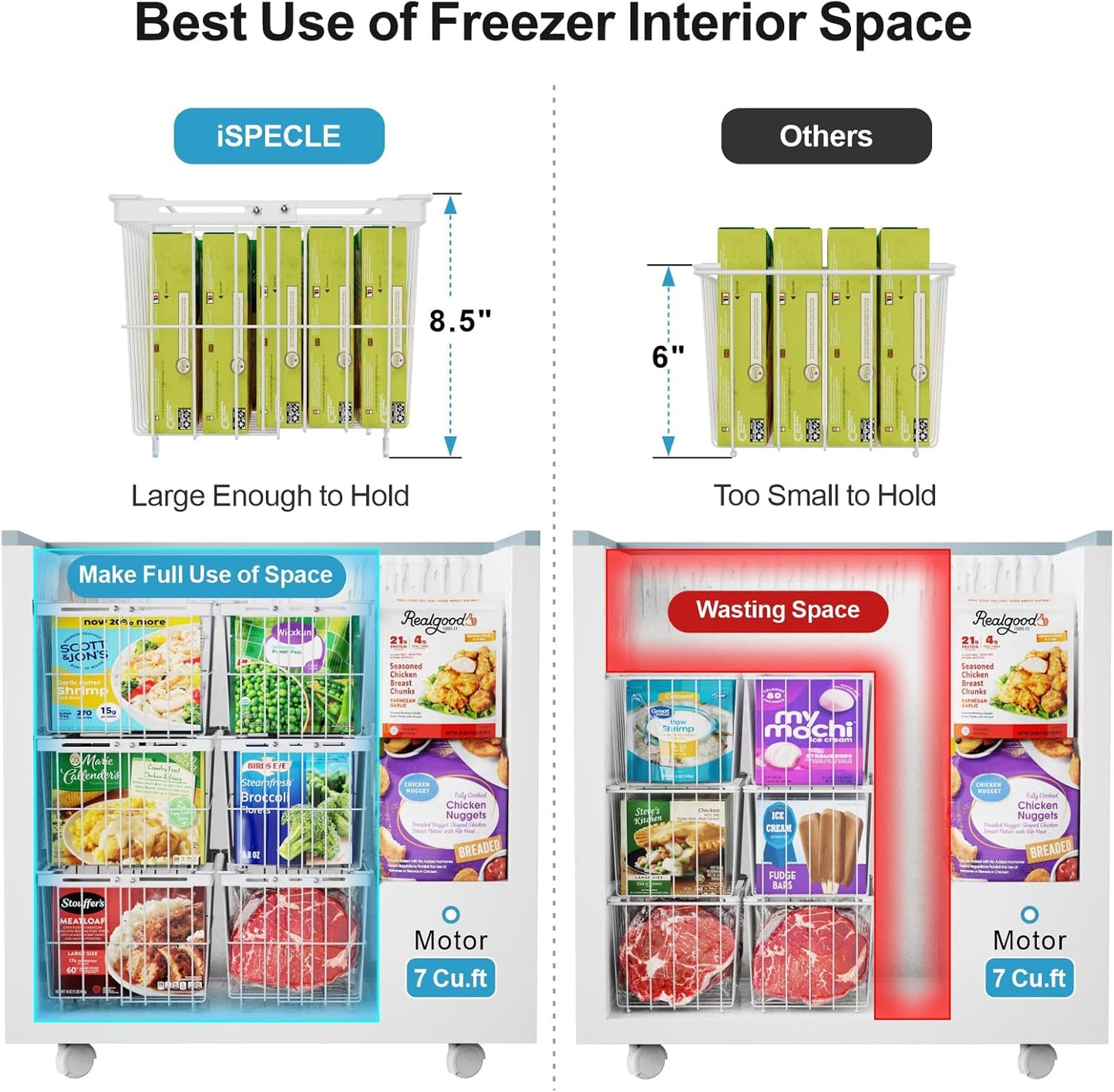 iSPECLE Chest Freezer Organizer Bins - 6 Pack Large Adjustable Freezer Organizer Bins for 5 to 9 Cu.FT Deep Freezer, Easy Access & Stackable Chest Freezer Organizer Hold More Food, White