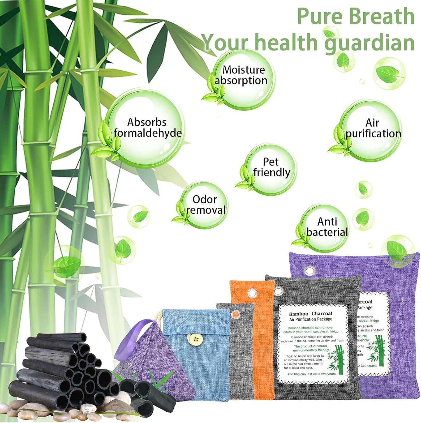 Charcoal Air Purifying Bags 12 Pack×100g Bamboo Charcoal Bags Odor Absorber, for Car Air Fresheners, Odor Eliminator for Home，Shoe Deodorizer - Colorful-Activated Charcoal Odor Absorbers