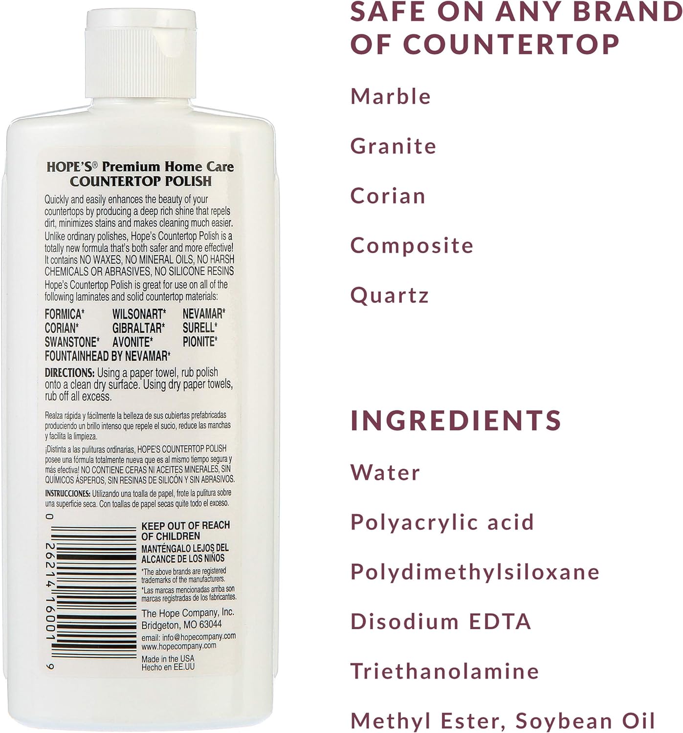 HOPE'S Countertop Restoration Polish - Shines and Protects with No Build-Up - Streak-Free Kitchen Counter Cleaner - Quartz, Marble, Corian, Laminate, Granite Countertop Cleaner, 8 Fl Oz, Pack of 1