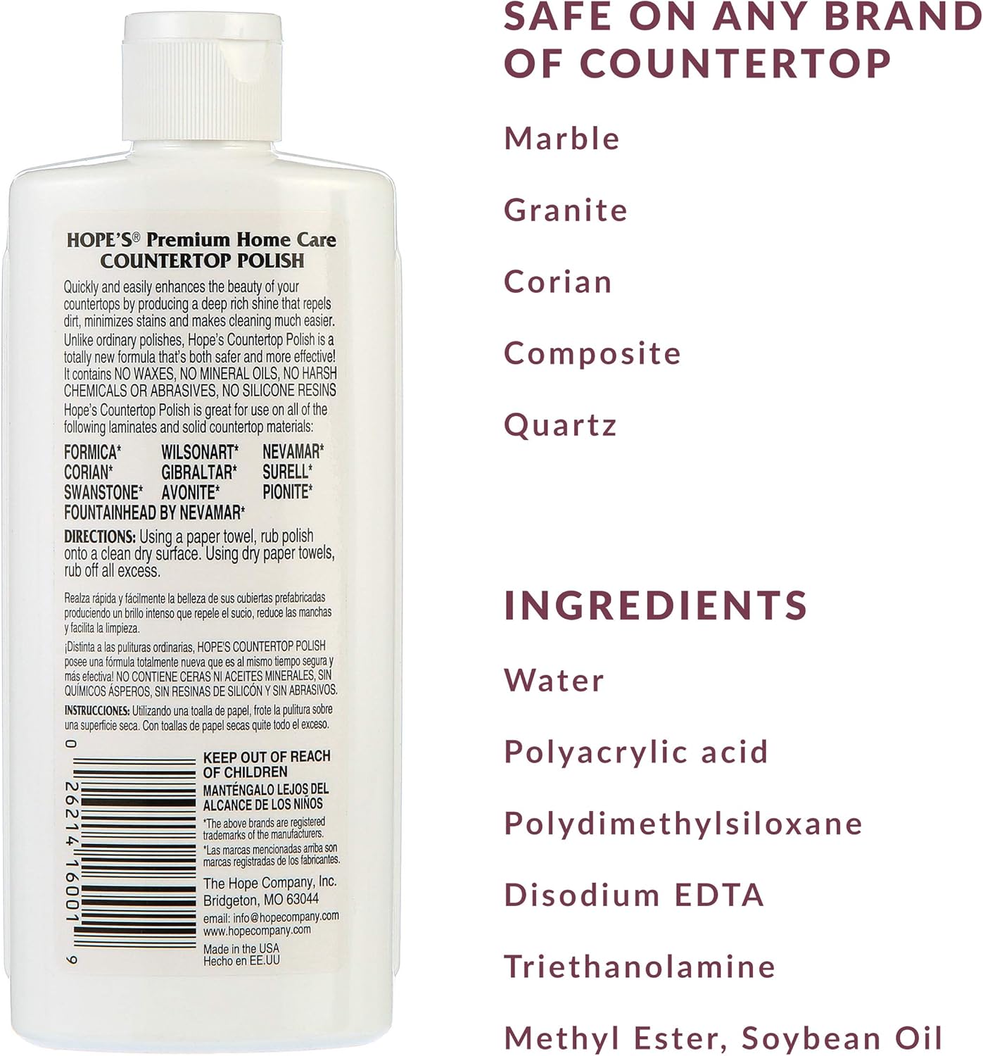 HOPE'S Countertop Restoration Polish, Streak-Free Kitchen Counter Cleaner, No Buildup Countertop Cleaner, Quartz, Marble, Corian, Composite, and Granite Cleaner and Polish, 8 Fl Oz, Pack of 2