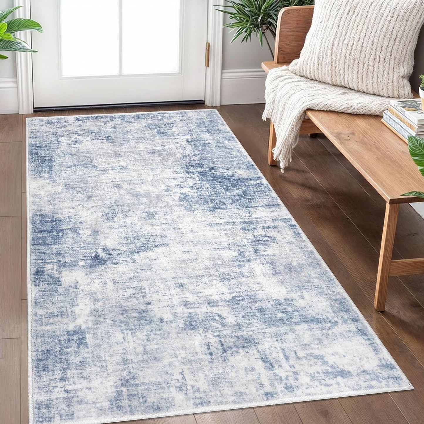 IOHOUZE Abstract Area Rug 3x5 Ft Washable Rugs for Entryway Indoor, Non Slip Kitchen Rug Printed Faux Wool Throw Rugs, Indoor Door Mat for Door Entrance Foyer Living Room, Light Blue White