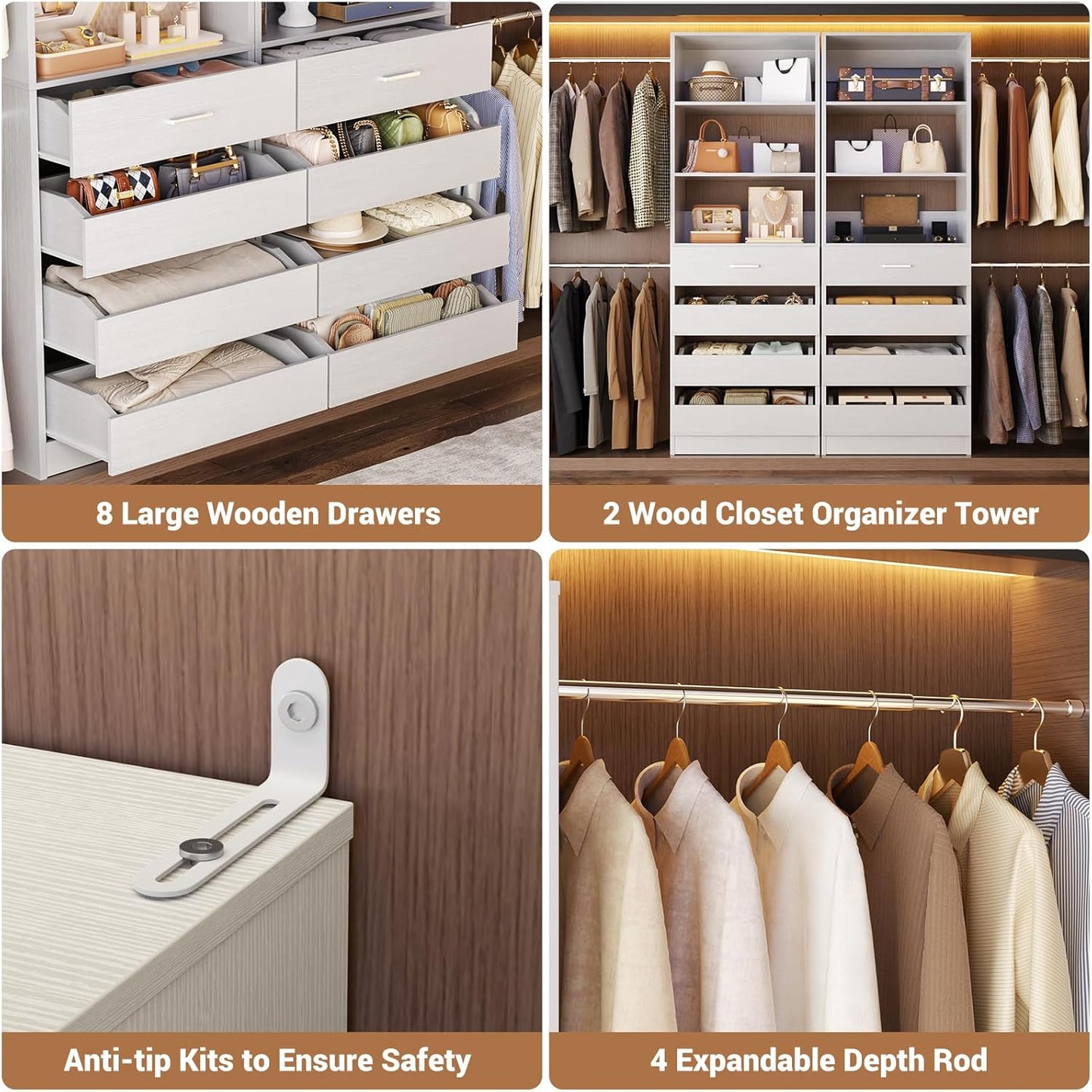 Aheaplus Closet System, 6-15Ft Closet Organizer with 8 Wooden Drawers, Wood Closet Organizer System with Tower, Walk-in Closet Organizer Wardrobe Clothes Rack with 4 Hanging Rods, Garment Rack, White