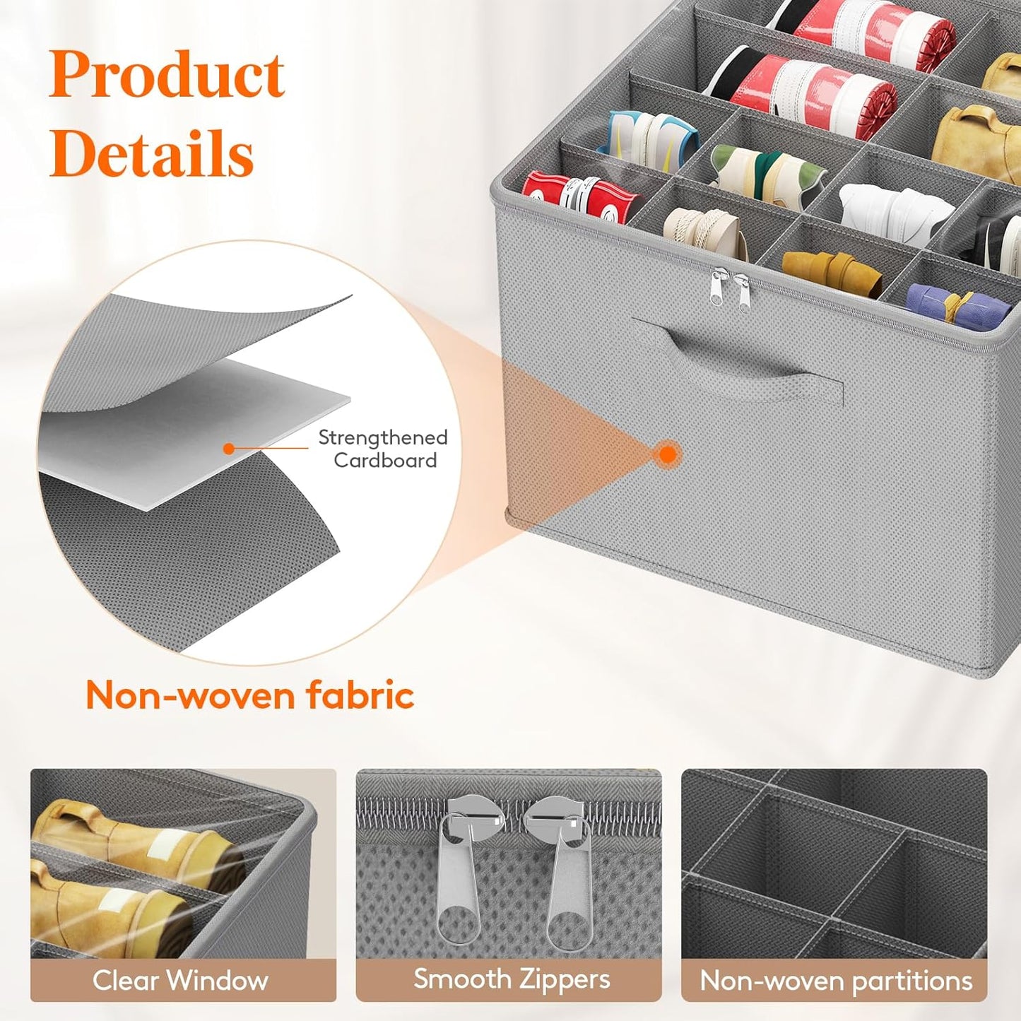 Lifewit Shoe Storage Organizer for Closet Fits 12-16 Pairs, Fabric Large Shoe Box Storage Containers with Clear Cover, Foldable Bins Fit for Boots Sneakers 17"(L) x 17"(W) x 12.5"(H) 3 Pack Light Gray