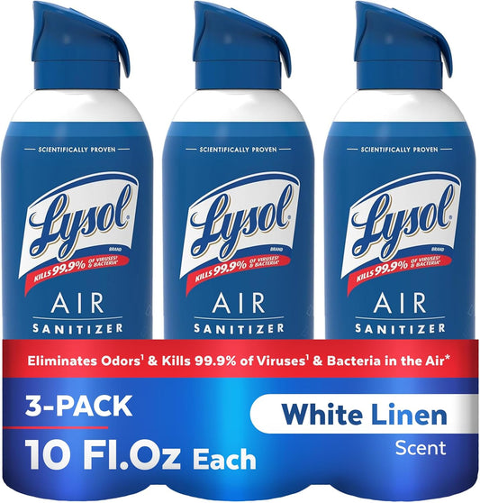 Lysol Air Sanitizer Spray with Odor Eliminator for Home & Office, Sanitizing Spray, Air Freshener Alternative, White Linen Scent, 10 oz (Pack of 3)
