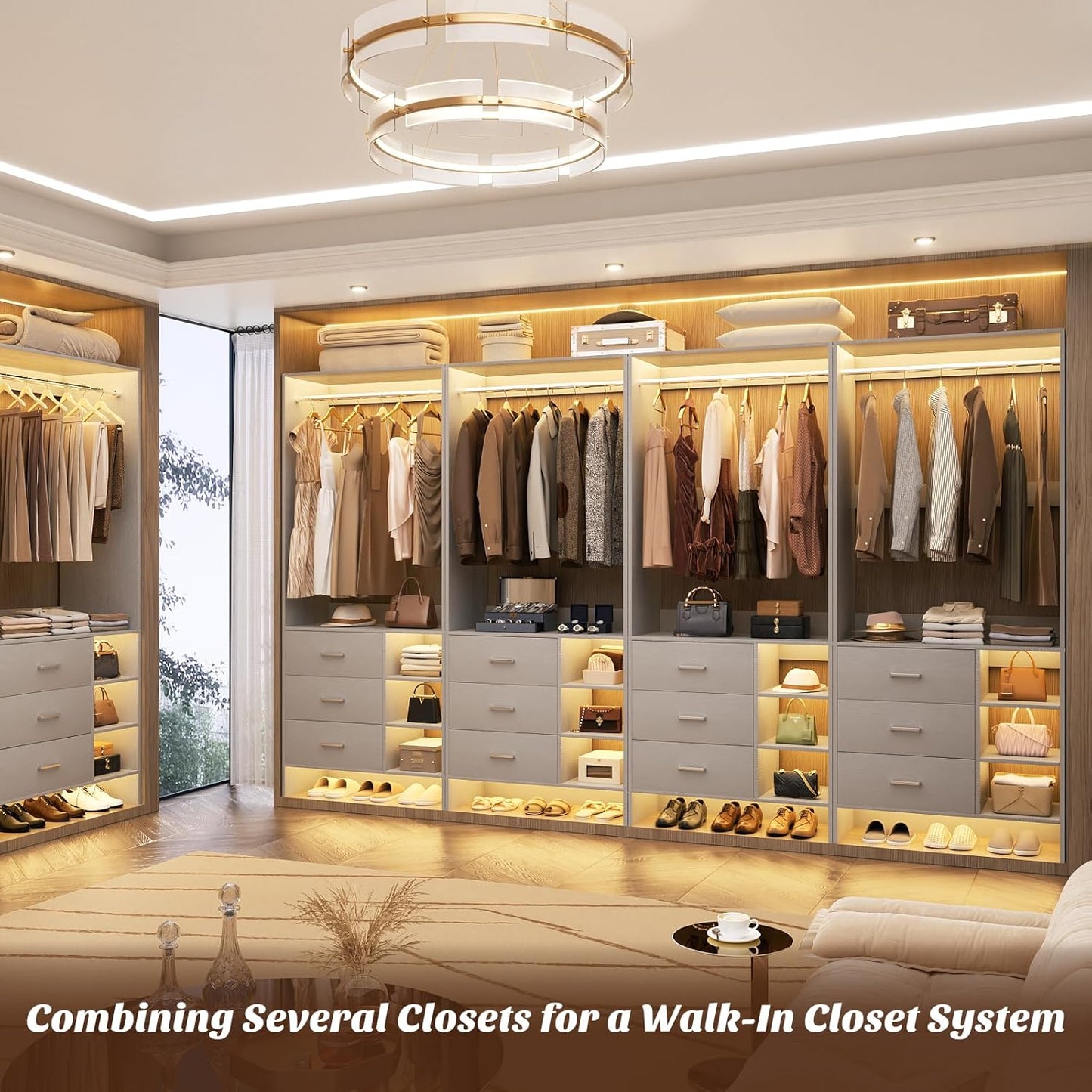 Aheaplus 2.5FT Closet System with 3 Drawers, 29.5’’ Closet Organizer, Wood Closet Organizer System, Walk-in Closet or Small Closets Wardrobe, Clothes Rack with Hanging Rods,-E6, Grey