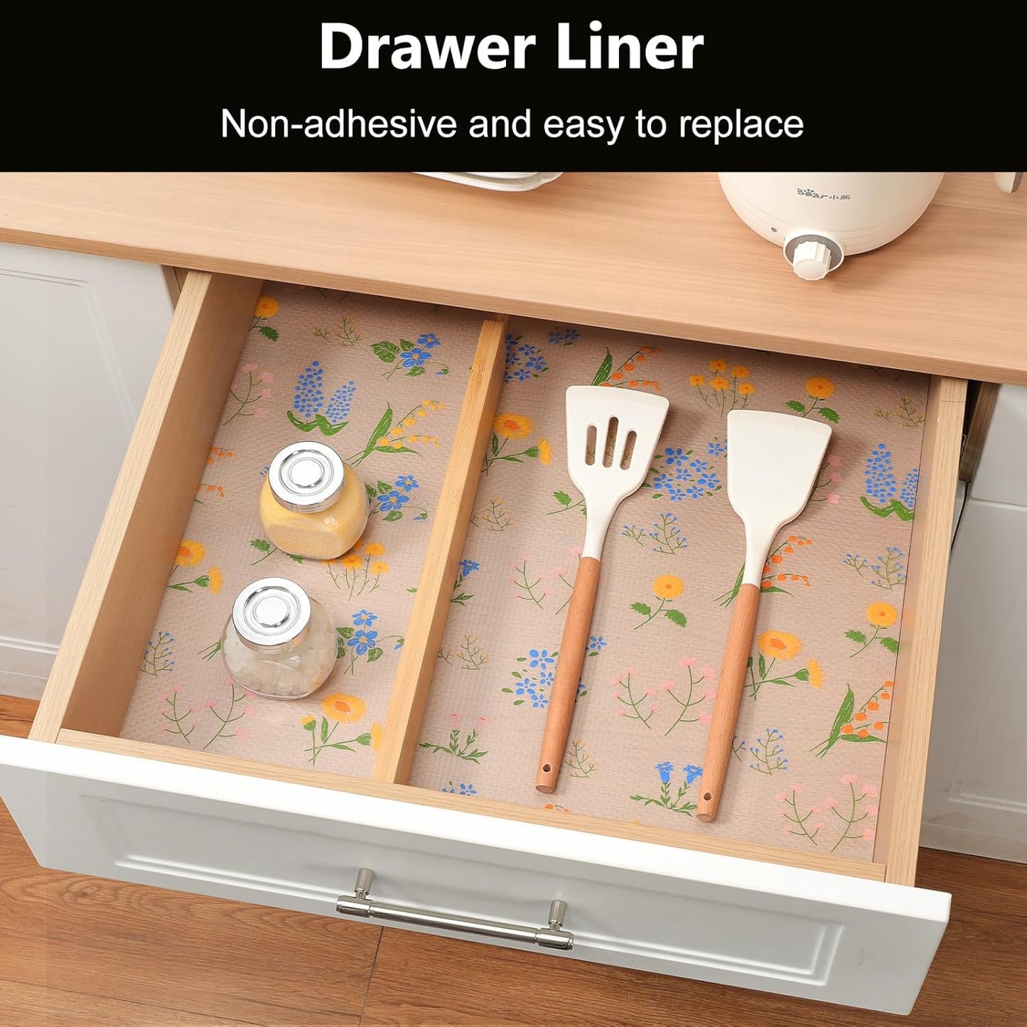 INNOLITES Non-Slip Shelf Liner – Cabinet & Drawer Liner Non-Adhesive – Waterproof Oil-Proof – Durable EVA with Floral for Kitchen Cabinets Refrigerator – BPA-Free, Easy to Cut 23.6" x 360"