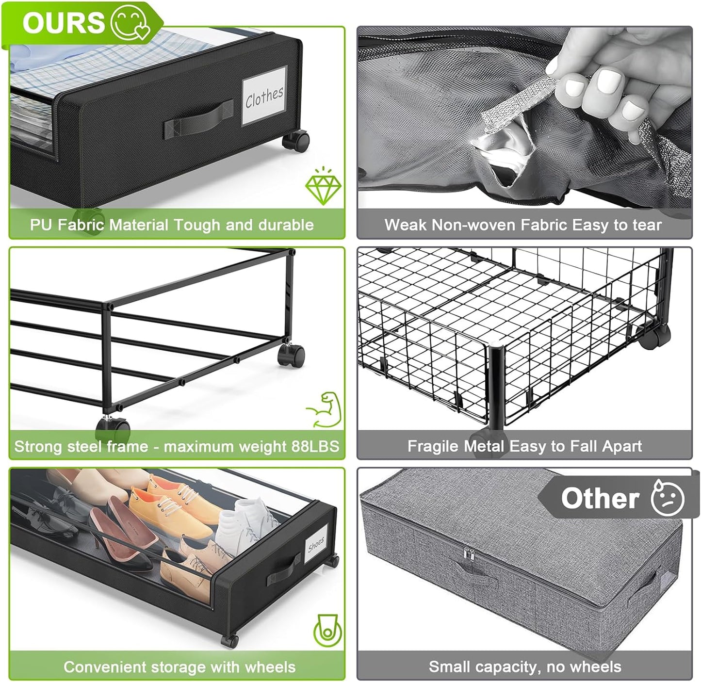 Under Bed Storage with Wheels, 2-Pack Under the Bed Storage Containers with Clear Lids & Label, Underbed Storage Bins, XXL 60L Rolling Metal Drawer for Clothes, Shoes, Toys, Books - Black