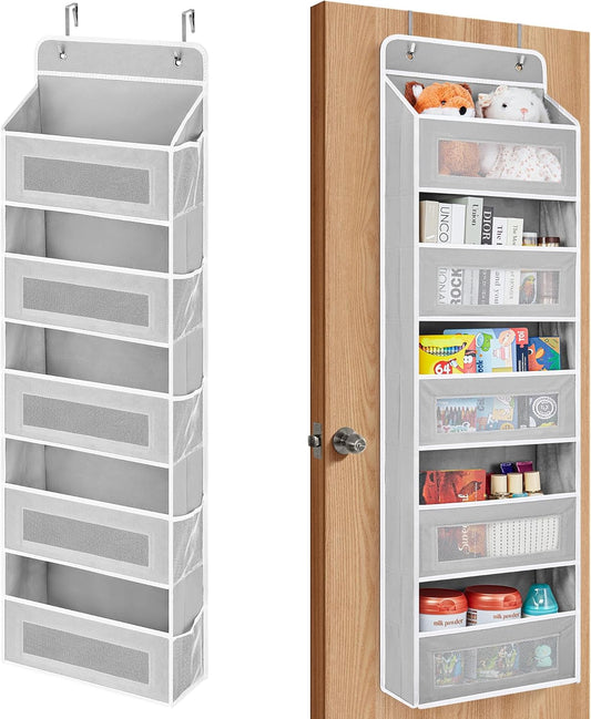 JARLINK Over The Door Organizer, 5 Shelf Door Hanging Organizer with 5 Large Pockets, 44 lbs Weight Capacity Hanging Storage for Bathroom, Bedroom, Nursery, RV, Pantry (Light Grey)