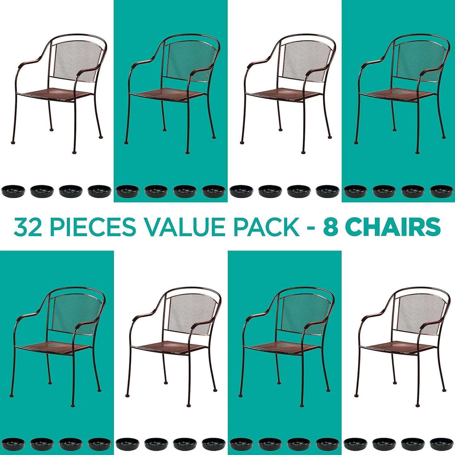 Wrought Iron Patio Furniture Feet Caps (32 Pack, Black) - 1.5" Round Plastic Outdoor Chair Leg Caps, Patio Furniture Replacement Feet